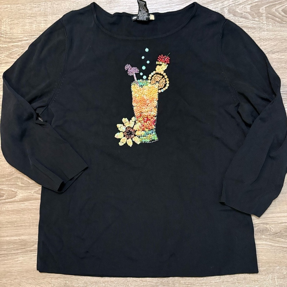Sweaterworks Shirt Womens Sz XL Black Embellished Beaded Cocktail Vacation Party